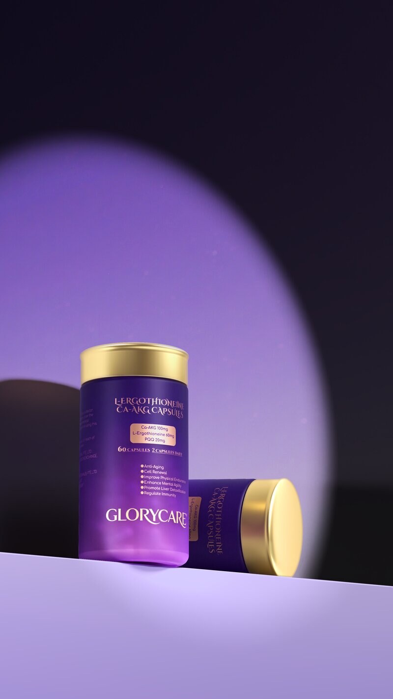 GloryCare 3-Phase Capsule bottle with purple glow